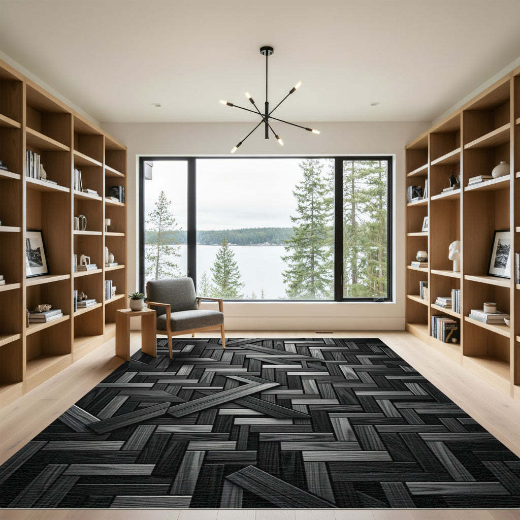Monochrome Geometric Wood Plank Art Rug