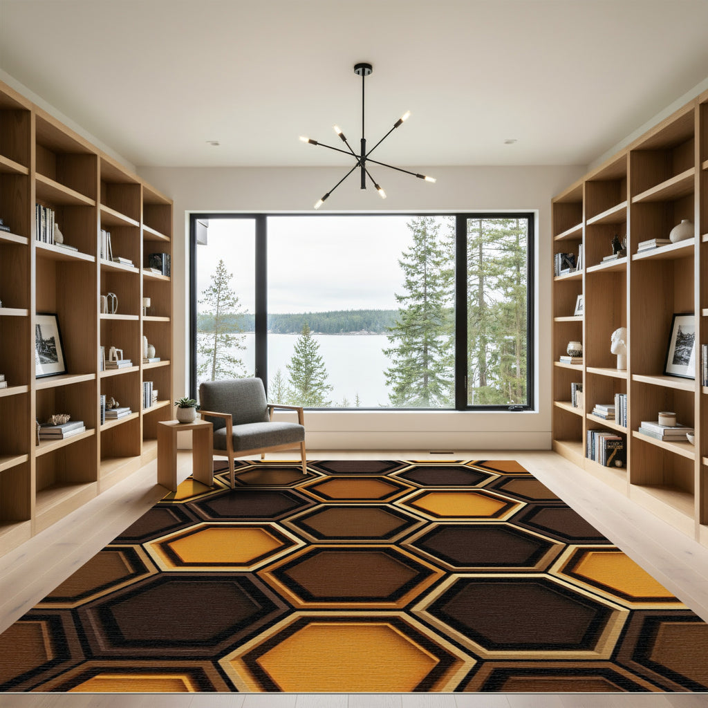 Golden Brown Hexagon Tile Arrangement Rug