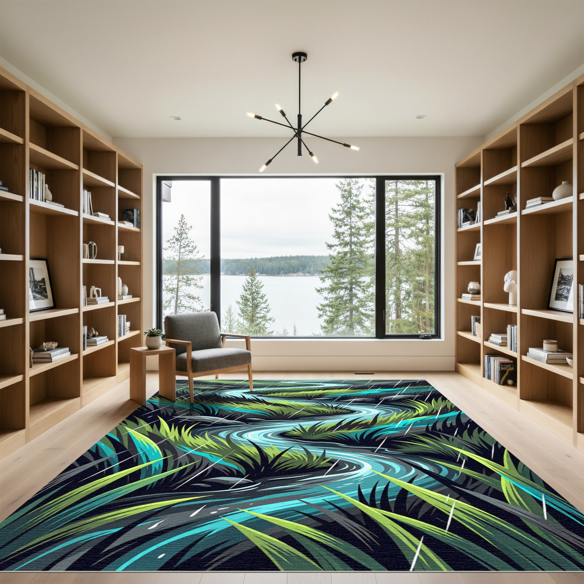 Rainy Meadow Stream Winding River View Rug