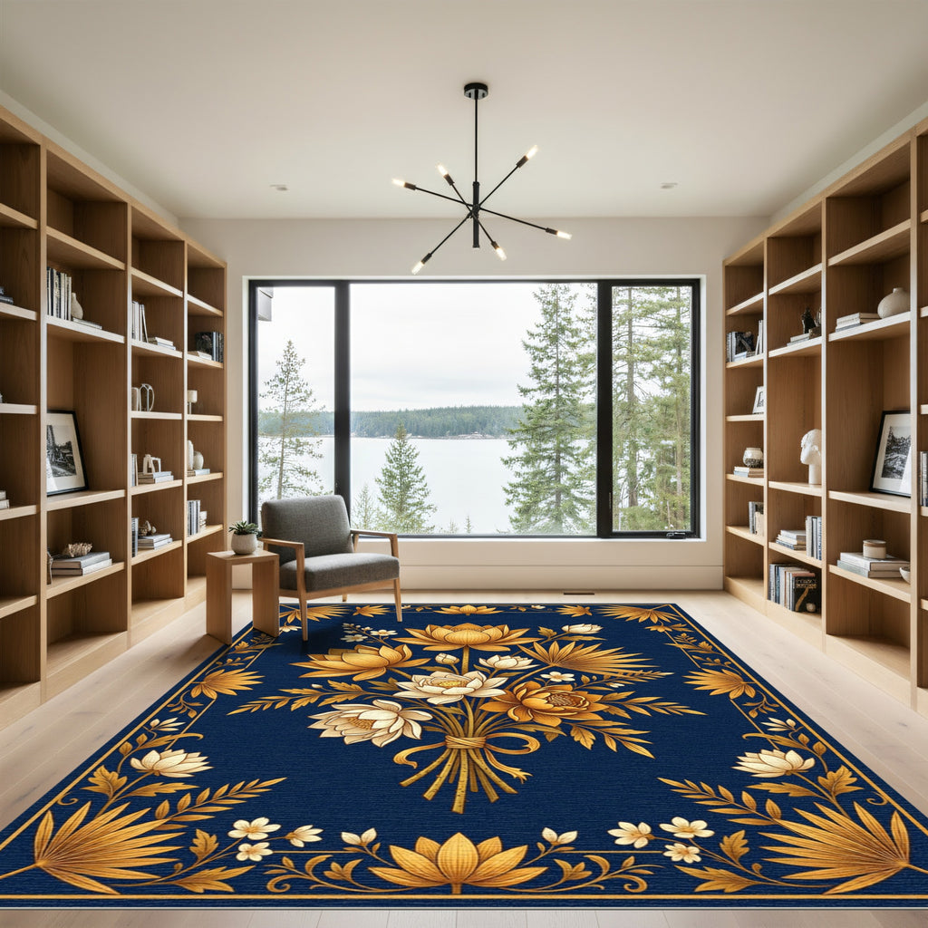 Gold Lotus Botanical Navy Accent Rug