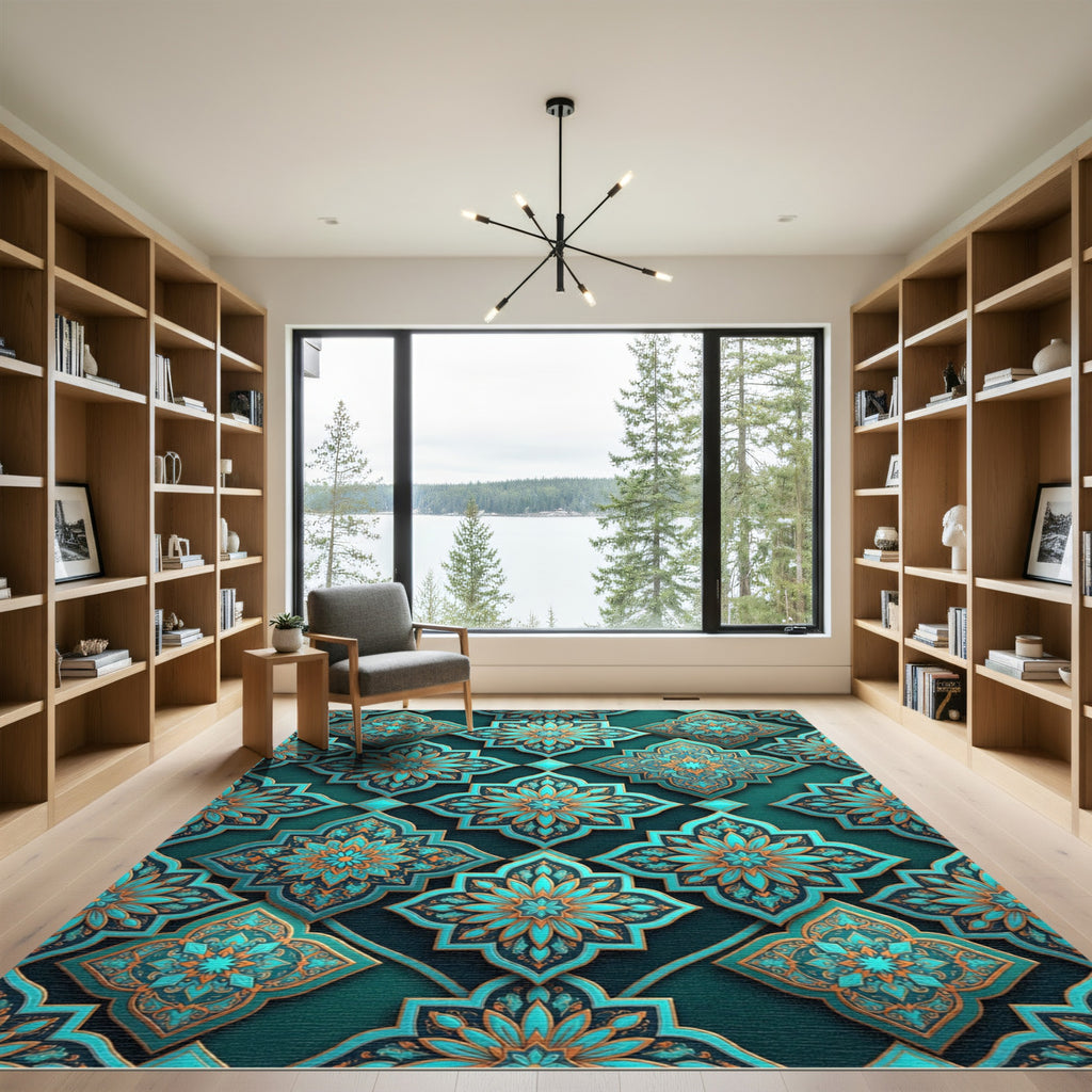 Teal and Gold Ornate Floral Tile Rug