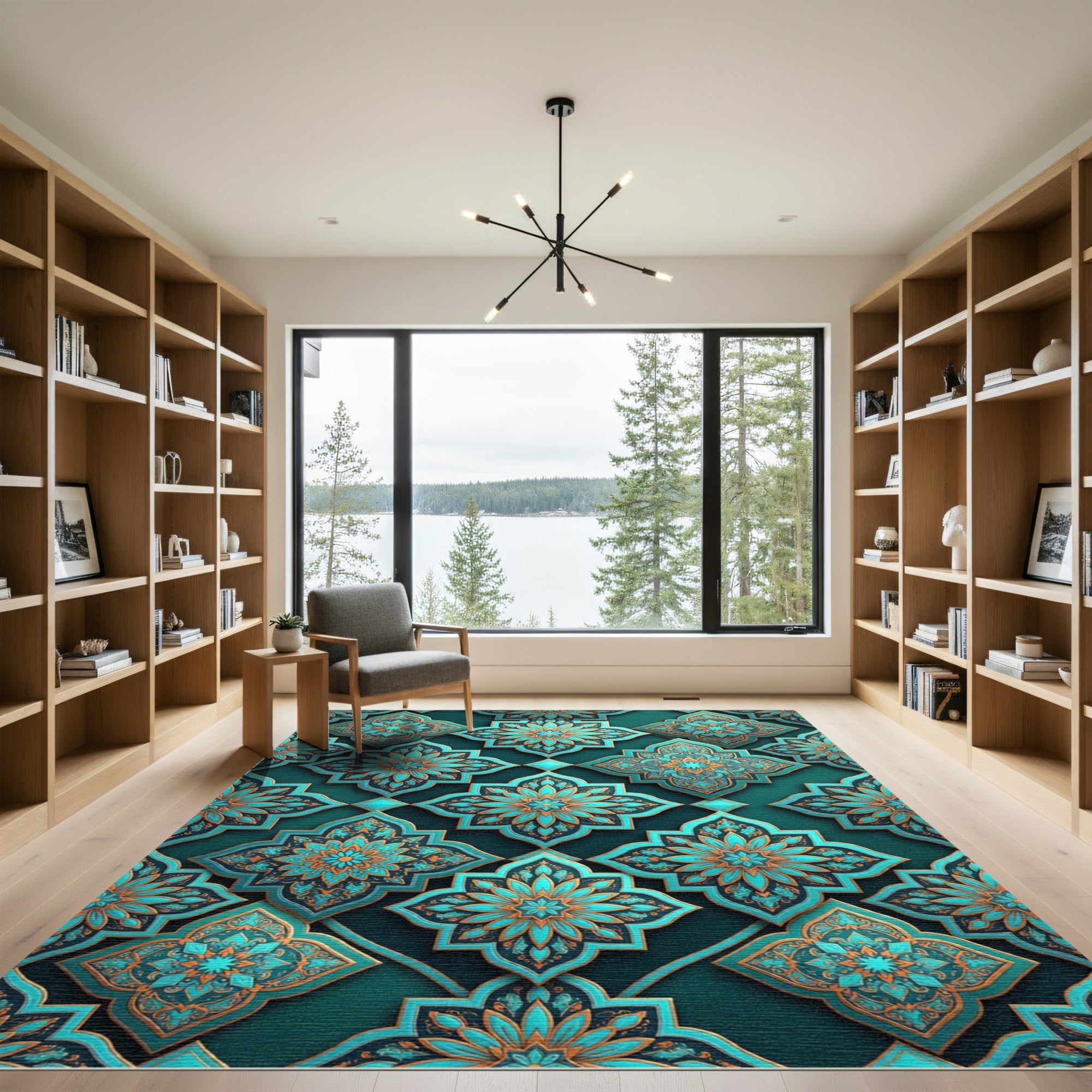 Teal and Gold Ornate Floral Tile Rug