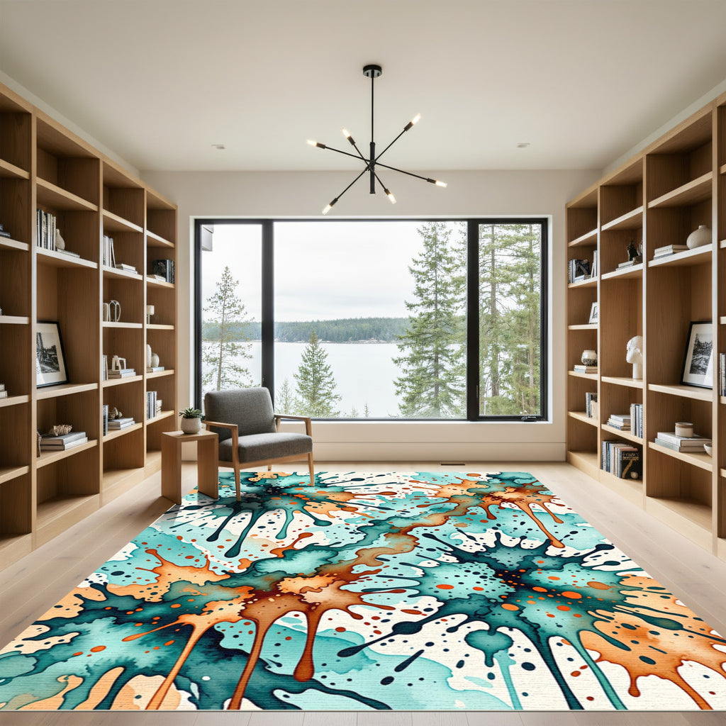 Oceanic Teal Orange Splatter Burst Rug