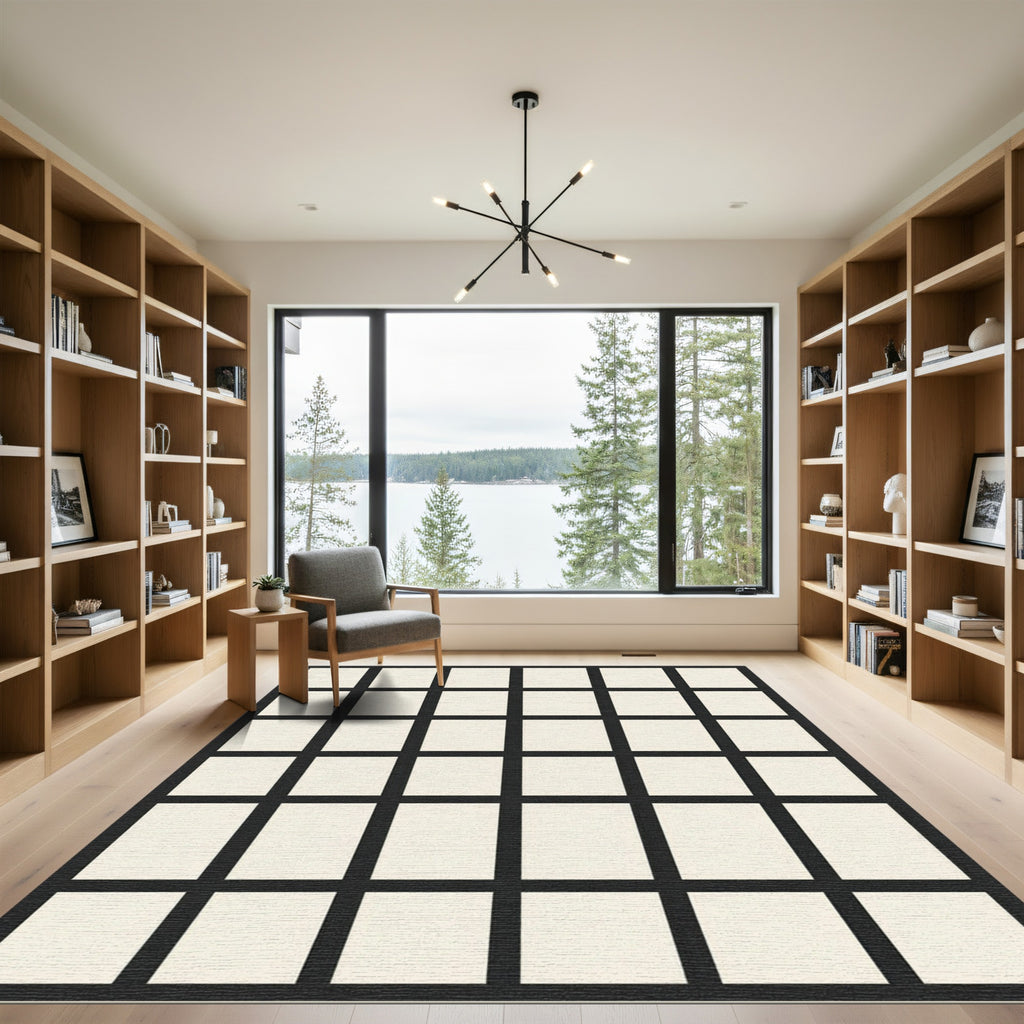 Black Cream Geometric Grid Rug