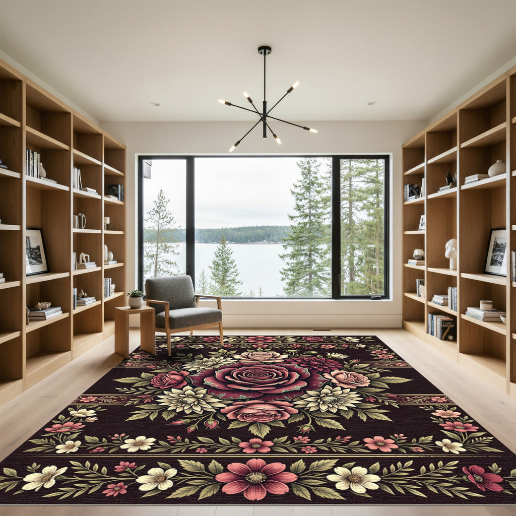Regal Burgundy Rose Floral Medallion Rug