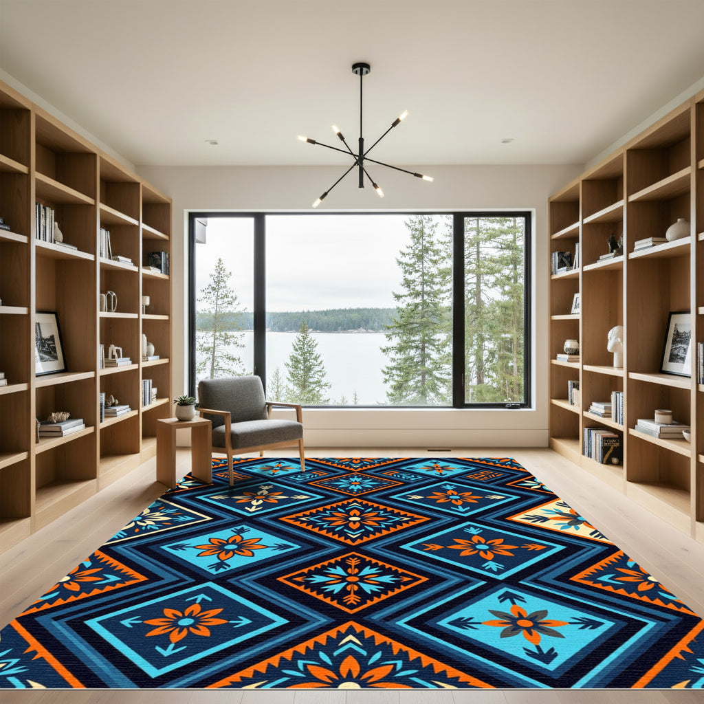 Vibrant Blue and Orange Geo Floral Rug
