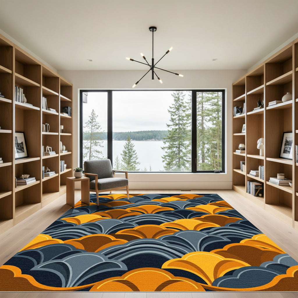 Golden Brown Blue Art Deco Waves Rug