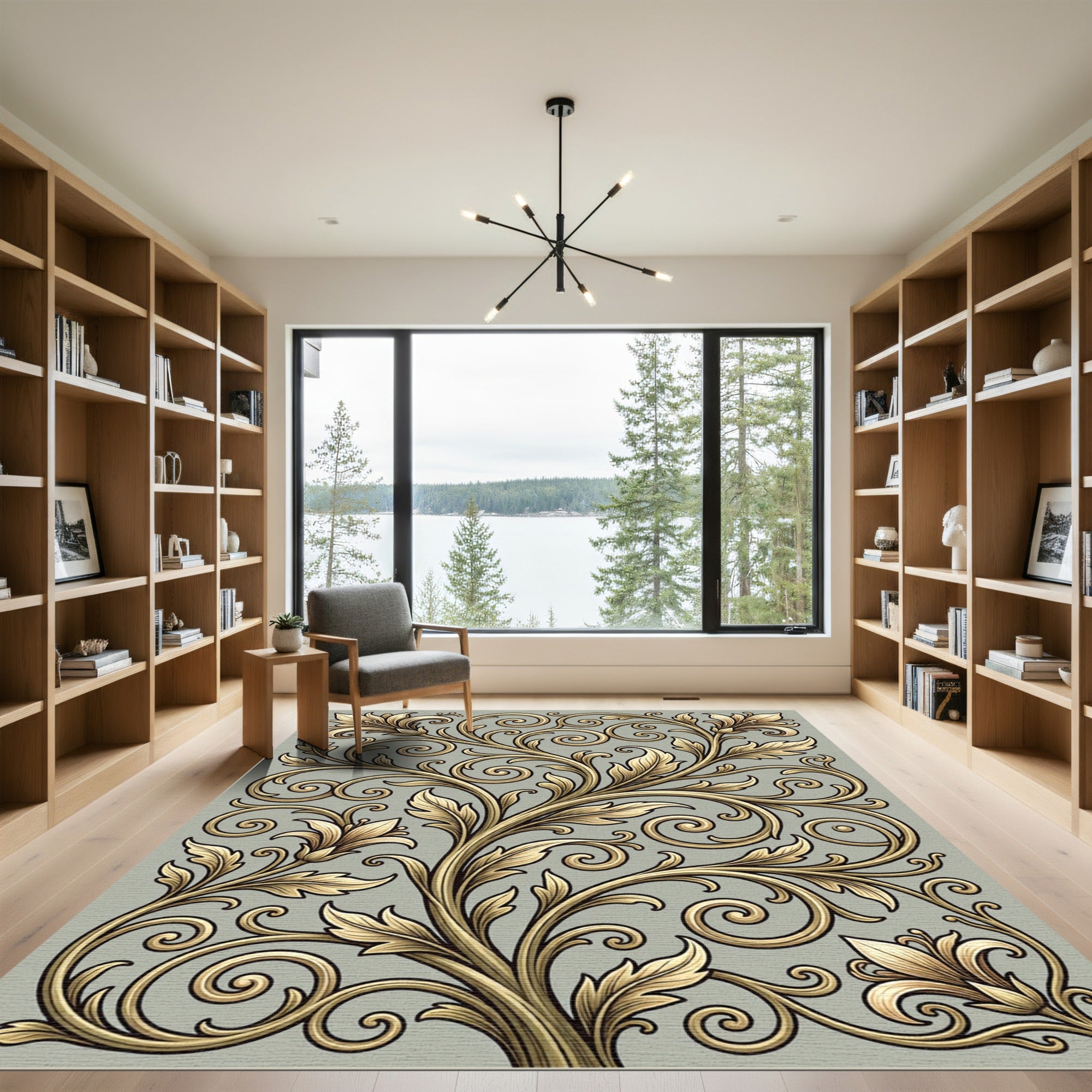 Golden Leaf Scrollwork Floral Rug