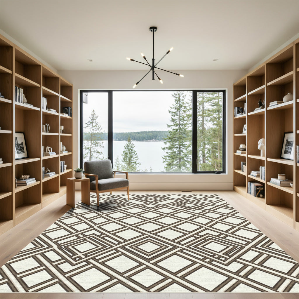 Brown Interlocking Geometric Squares Rug