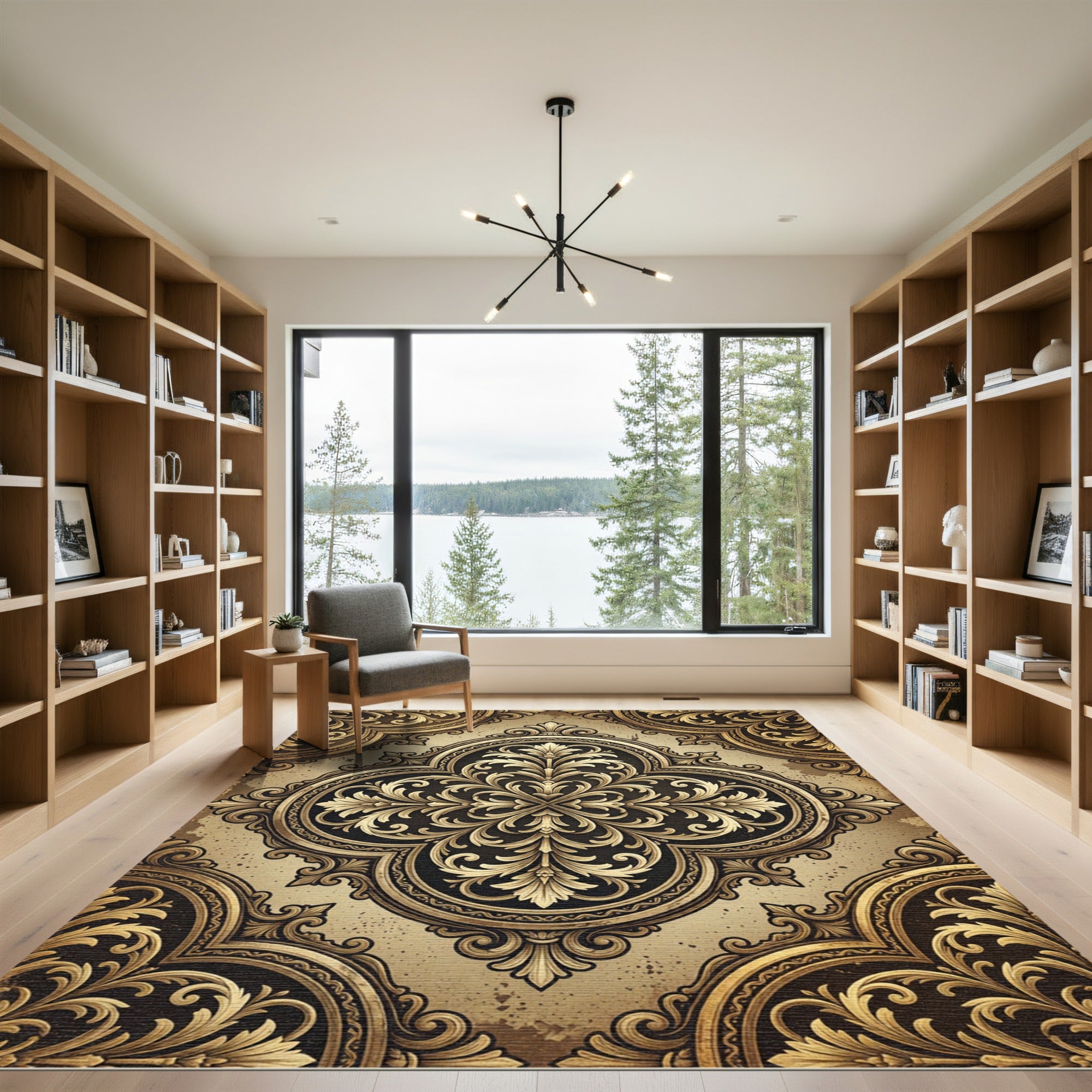 Ornate Golden Damask Floral Medallion Rug