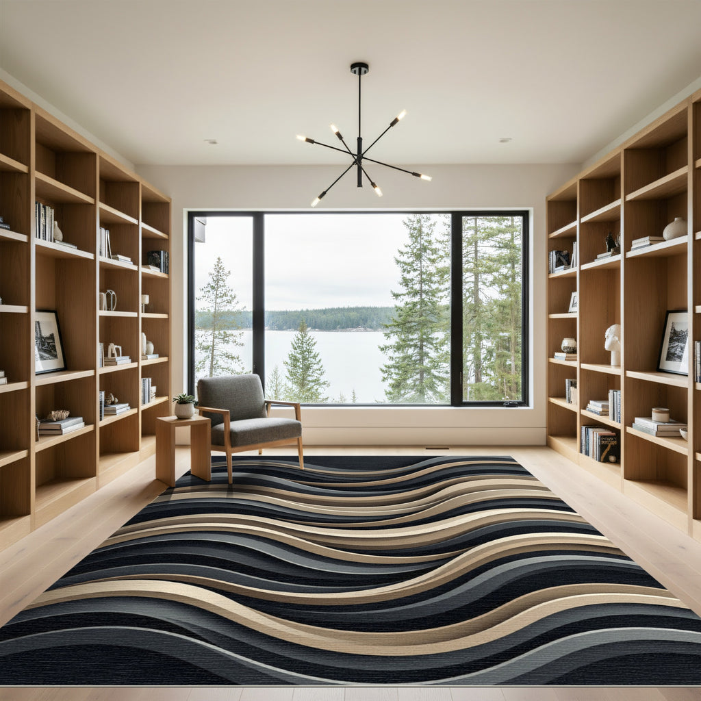 Modern Beige and Charcoal Wavy Stripe Rug