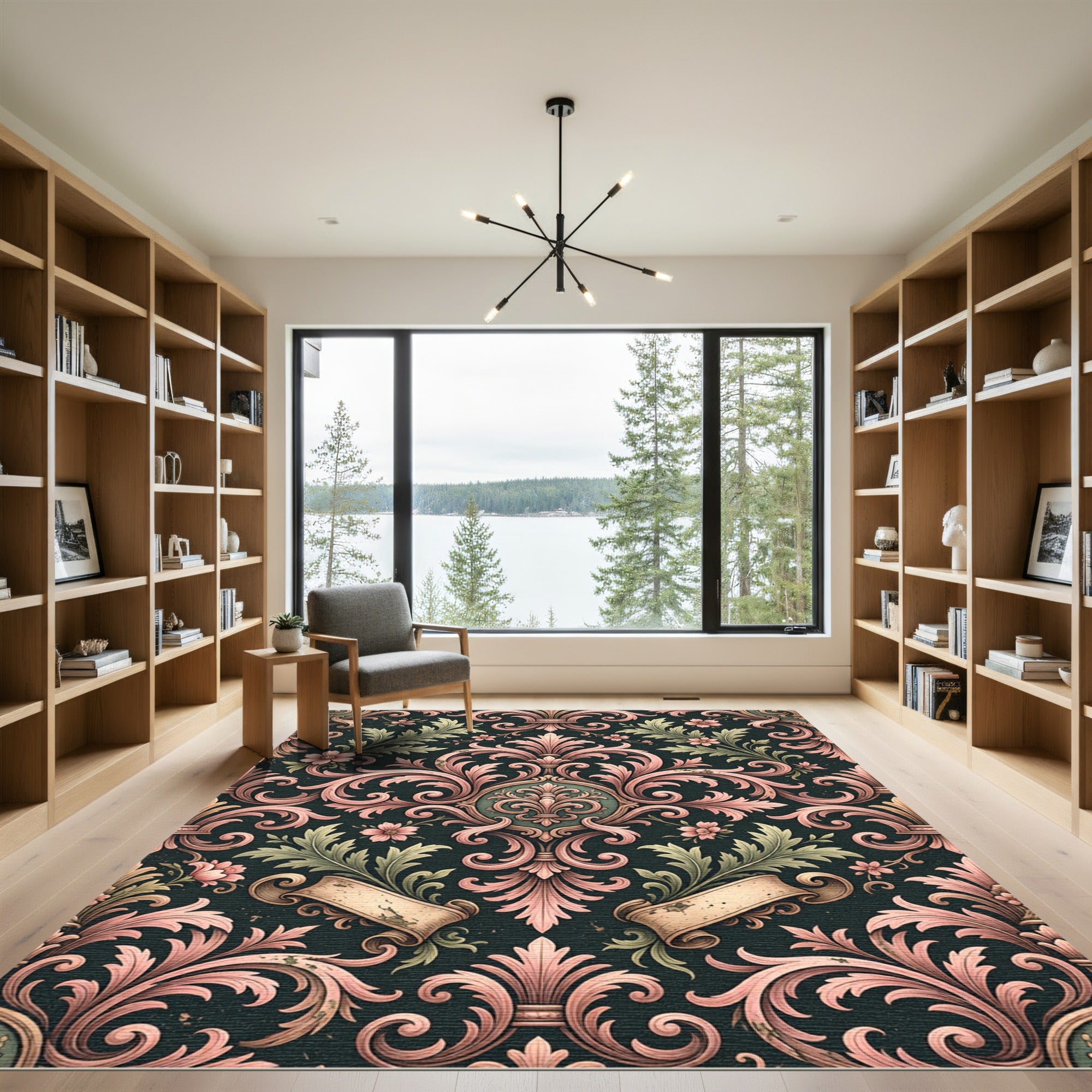 Elegant Pink Floral Damask Scroll Rug