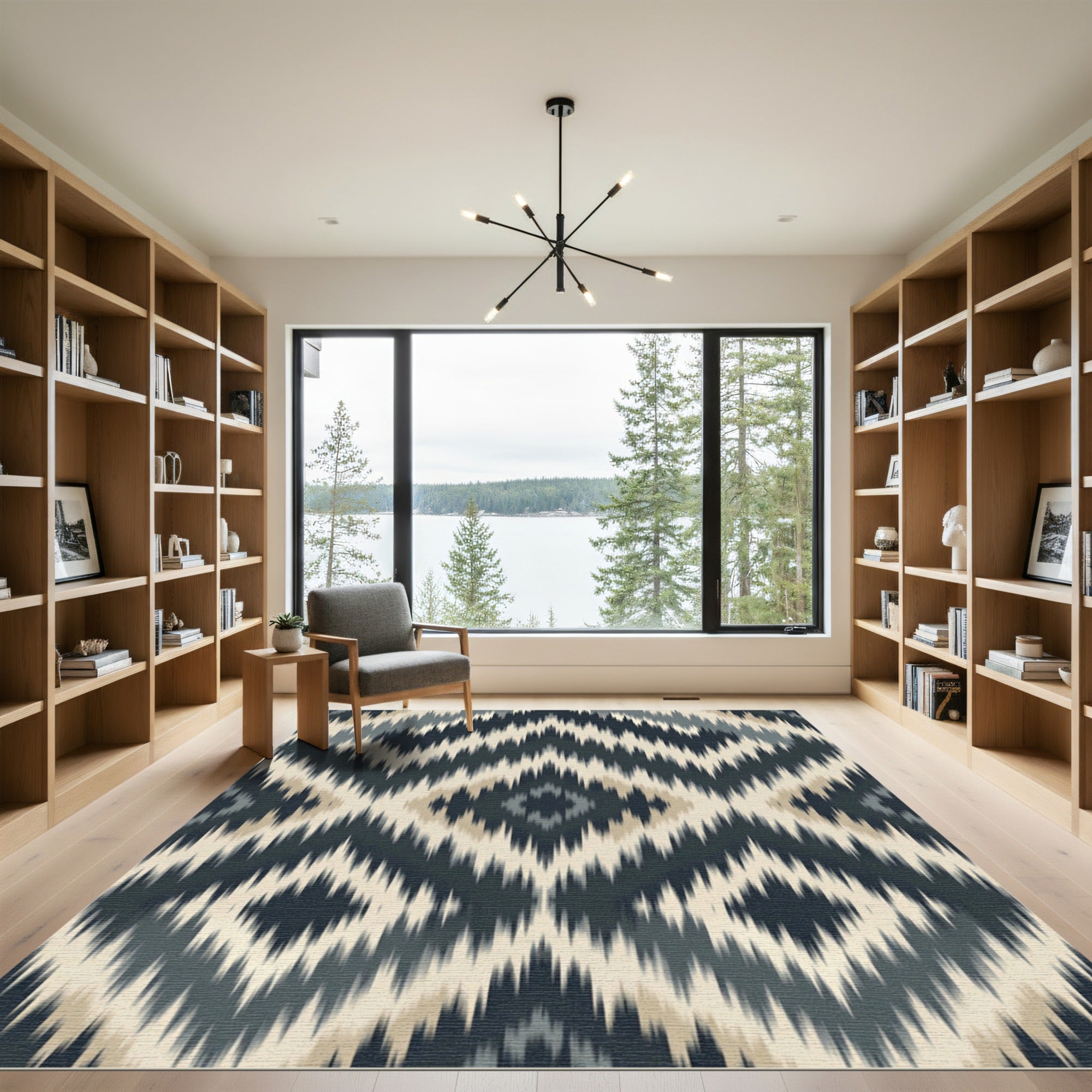 Midnight Slate and Beige Ikat Diamond Rug