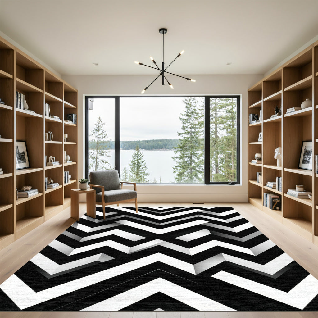 Monochrome Geometric Chevron Stripe Abstract Rug