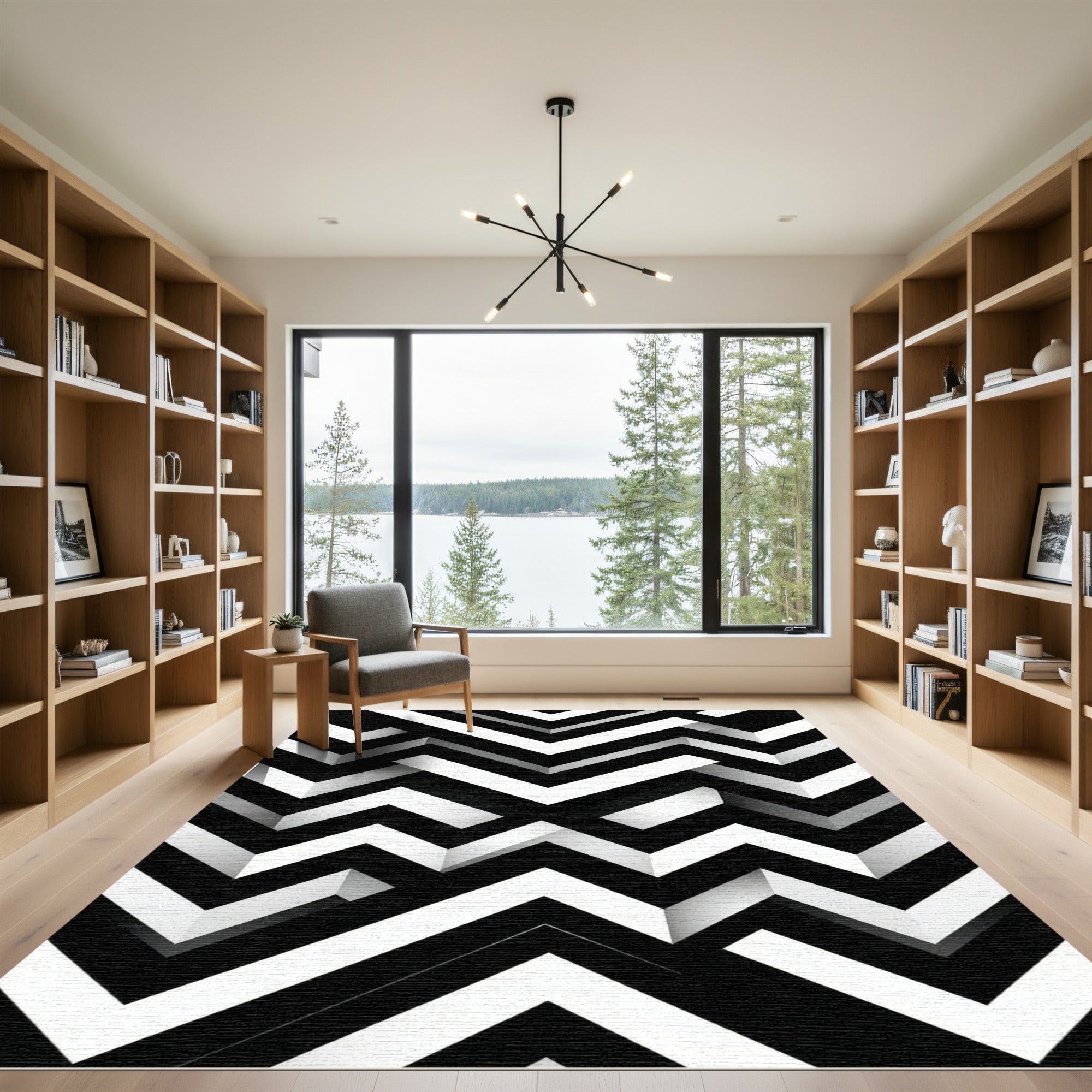 Monochrome Geometric Chevron Stripe Abstract Rug