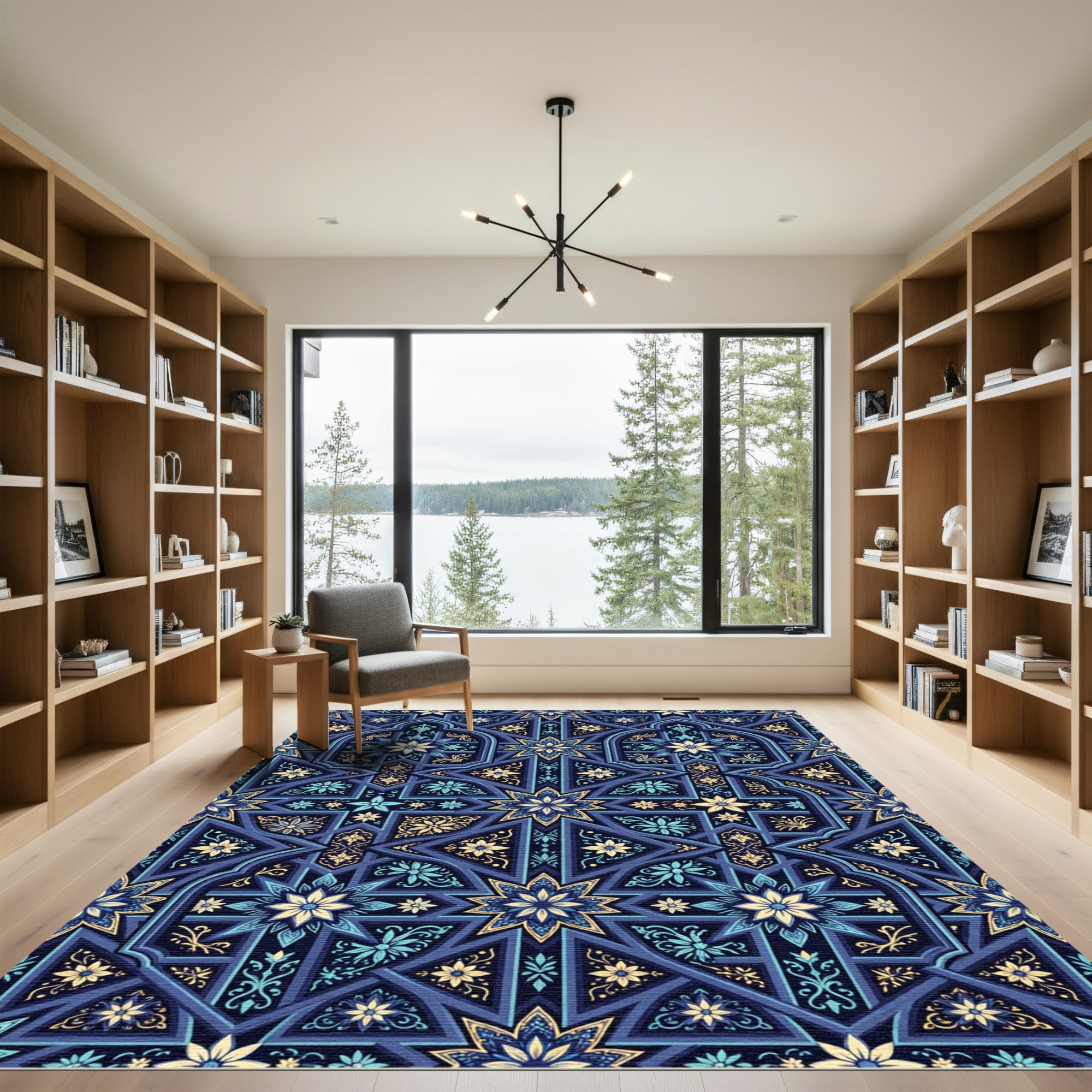 Intricate Navy Gold Floral Geometric Tile Rug
