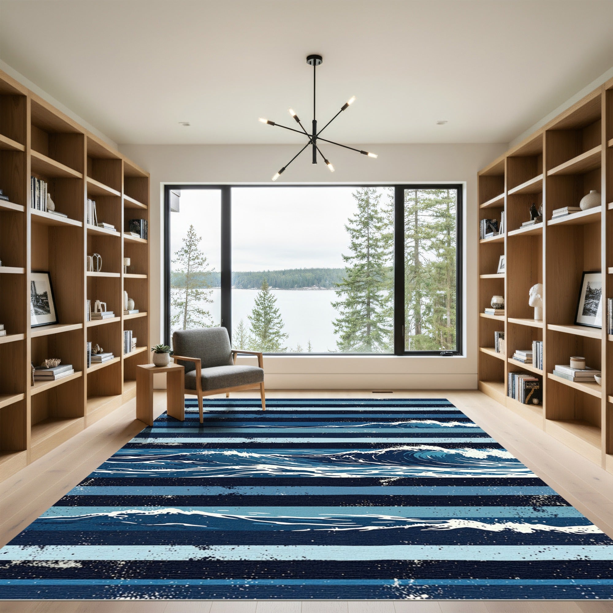 Navy Blue Striped Ocean Wave Art Rug