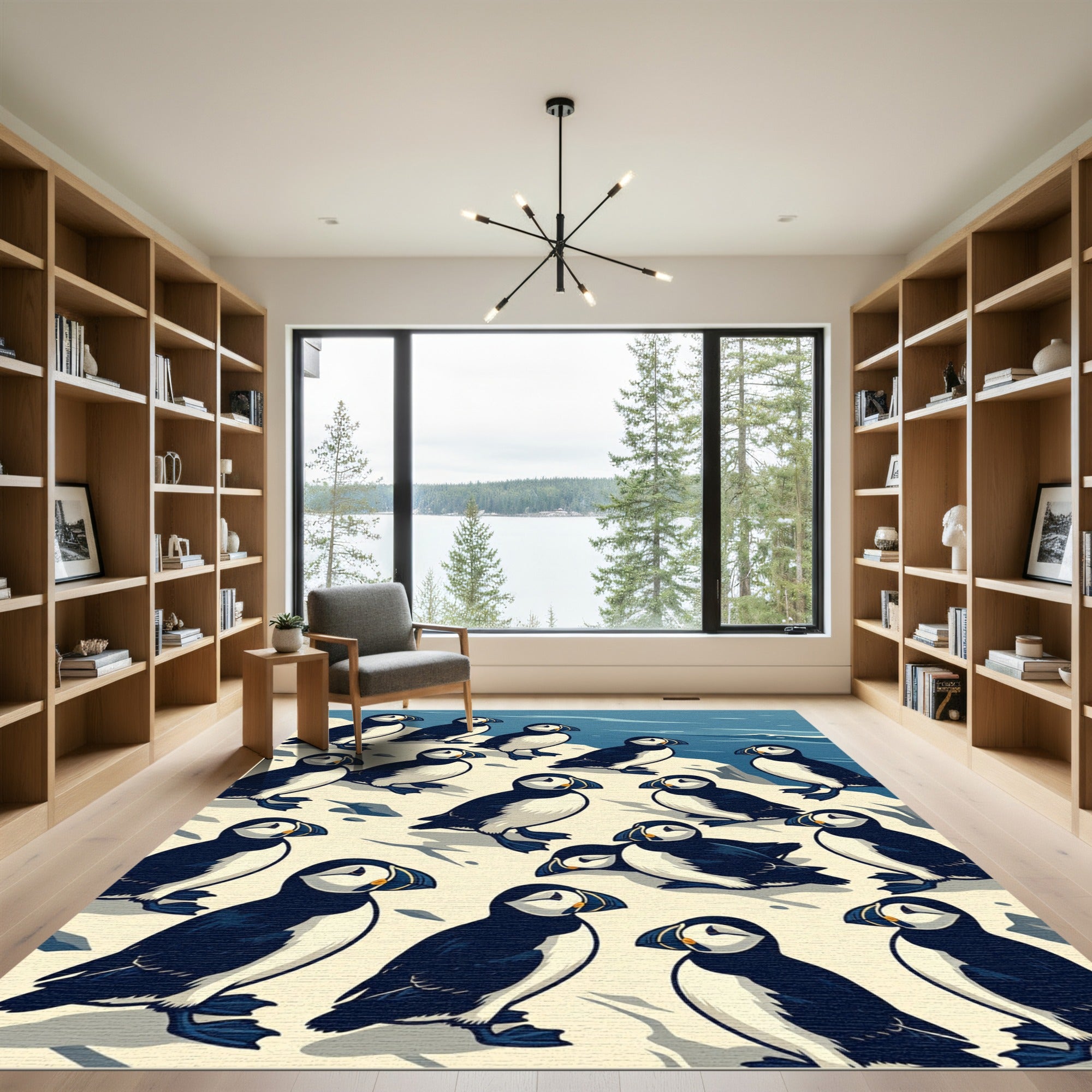 Whimsical Navy Blue Puffin Flock Rug
