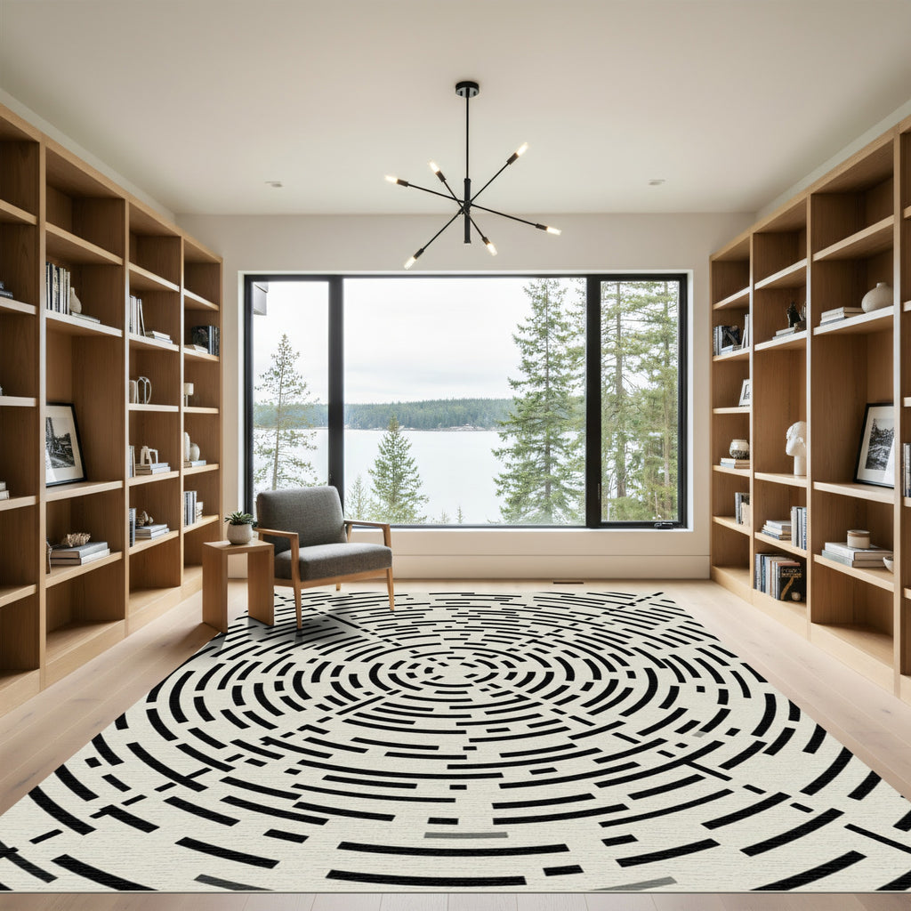 Minimalist Black and Cream Circular Labyrinth Rug