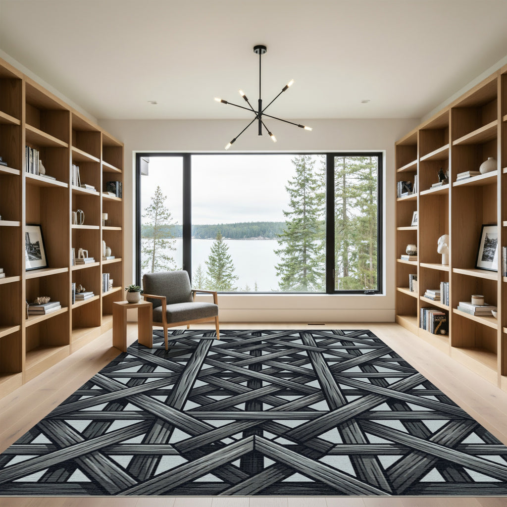 Monochromatic Interlocking Gray Wood Lattice Rug