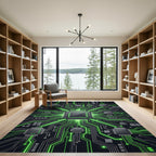 Futuristic Neon Green Circuit Board Grid Rug