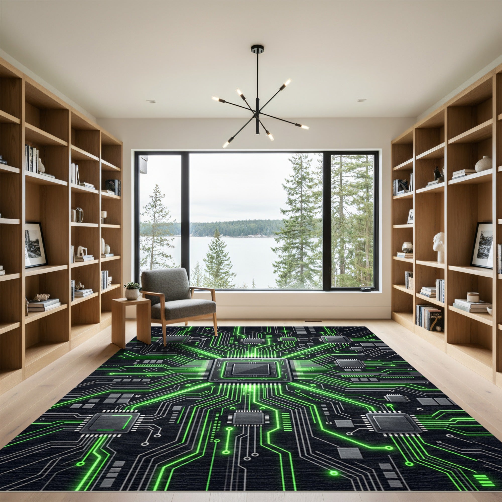 Futuristic Neon Green Circuit Board Grid Rug