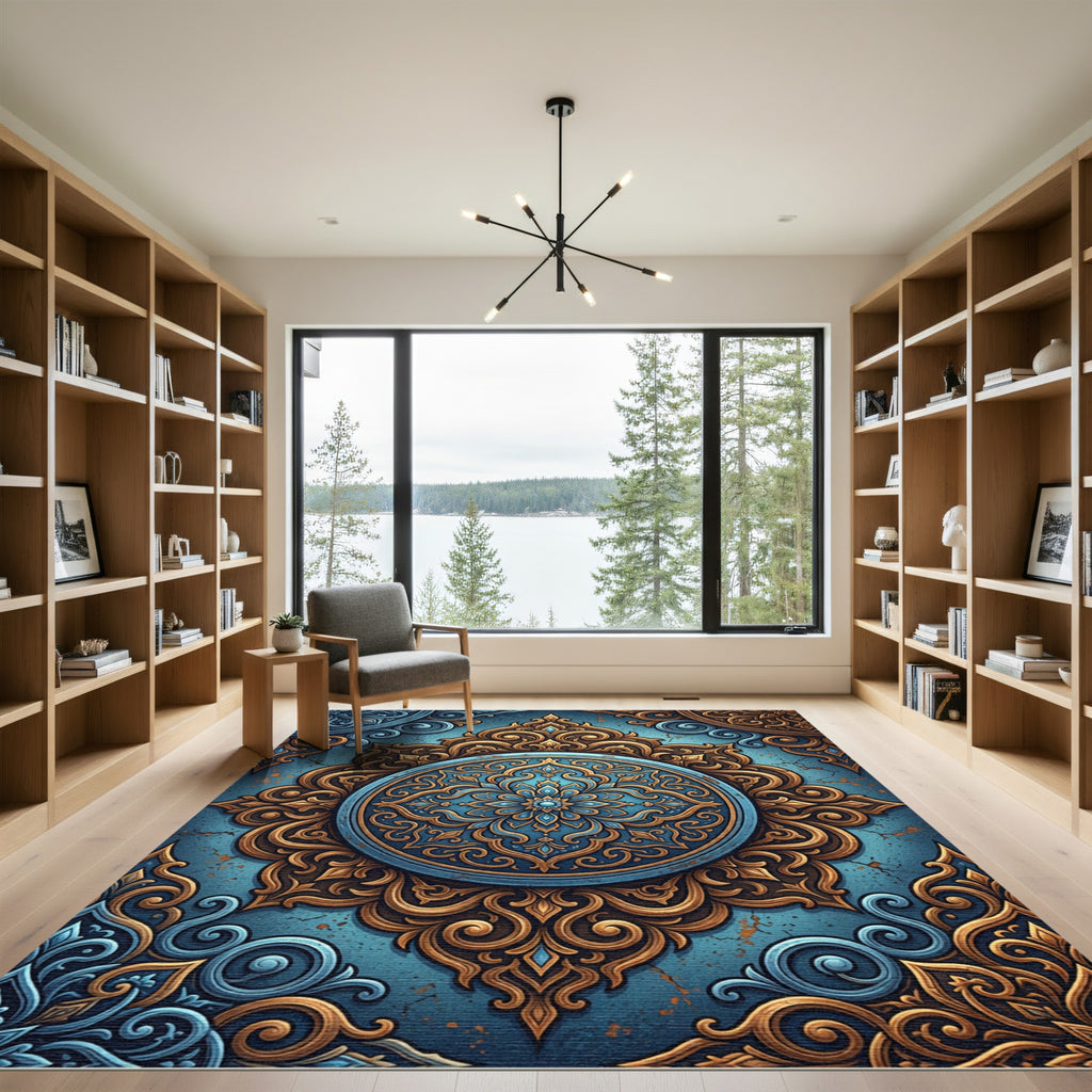 Ornate Teal and Gold Arabesque Medallion Rug