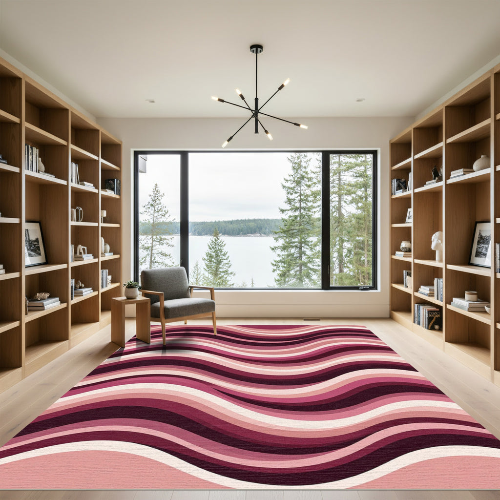 Modern Maroon Pink Wavy Stripe Rug