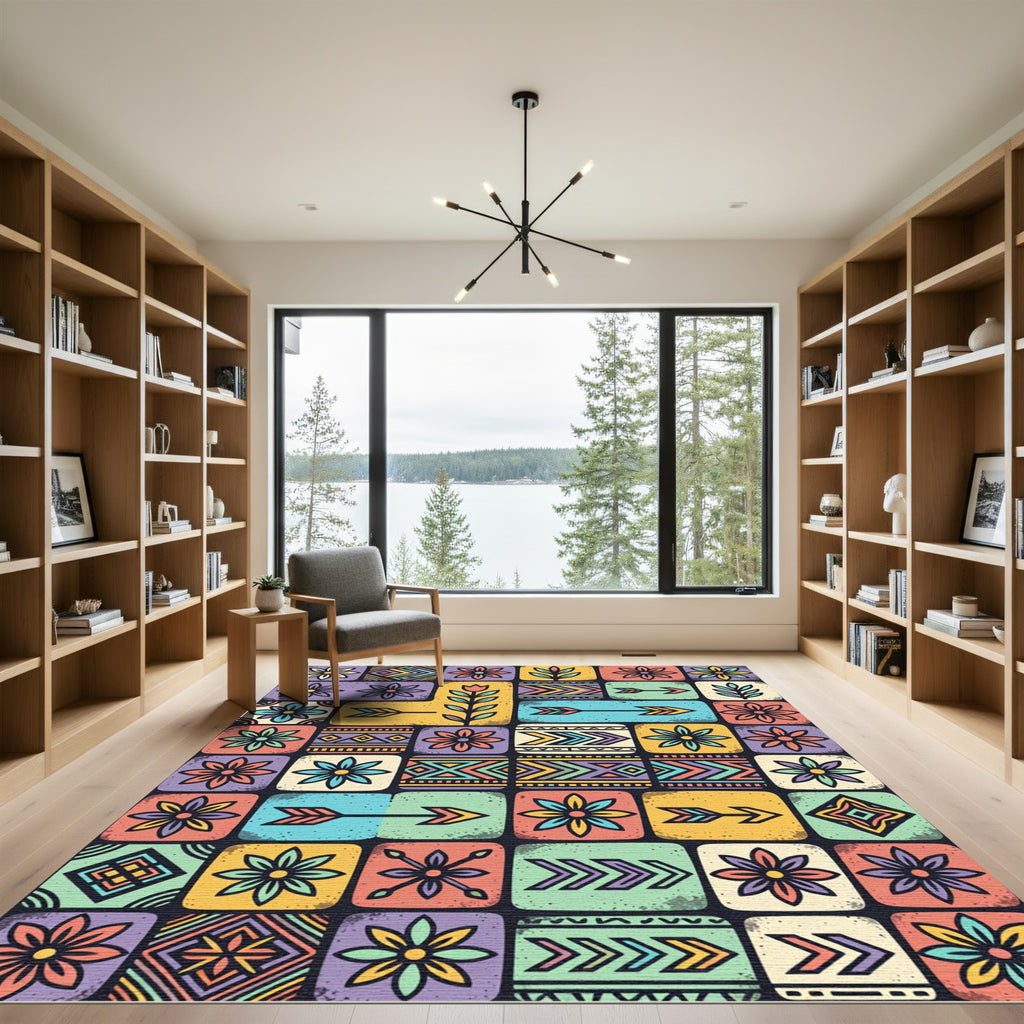 Colorful Boho Floral Geometric Tile Art Rug