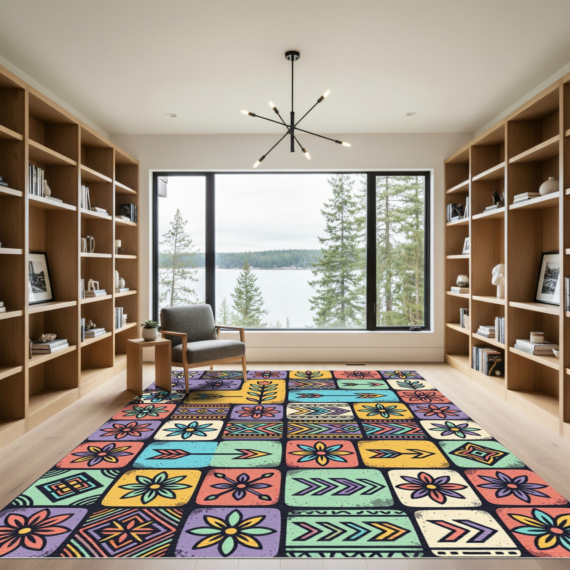 Colorful Boho Floral Geometric Tile Art Rug