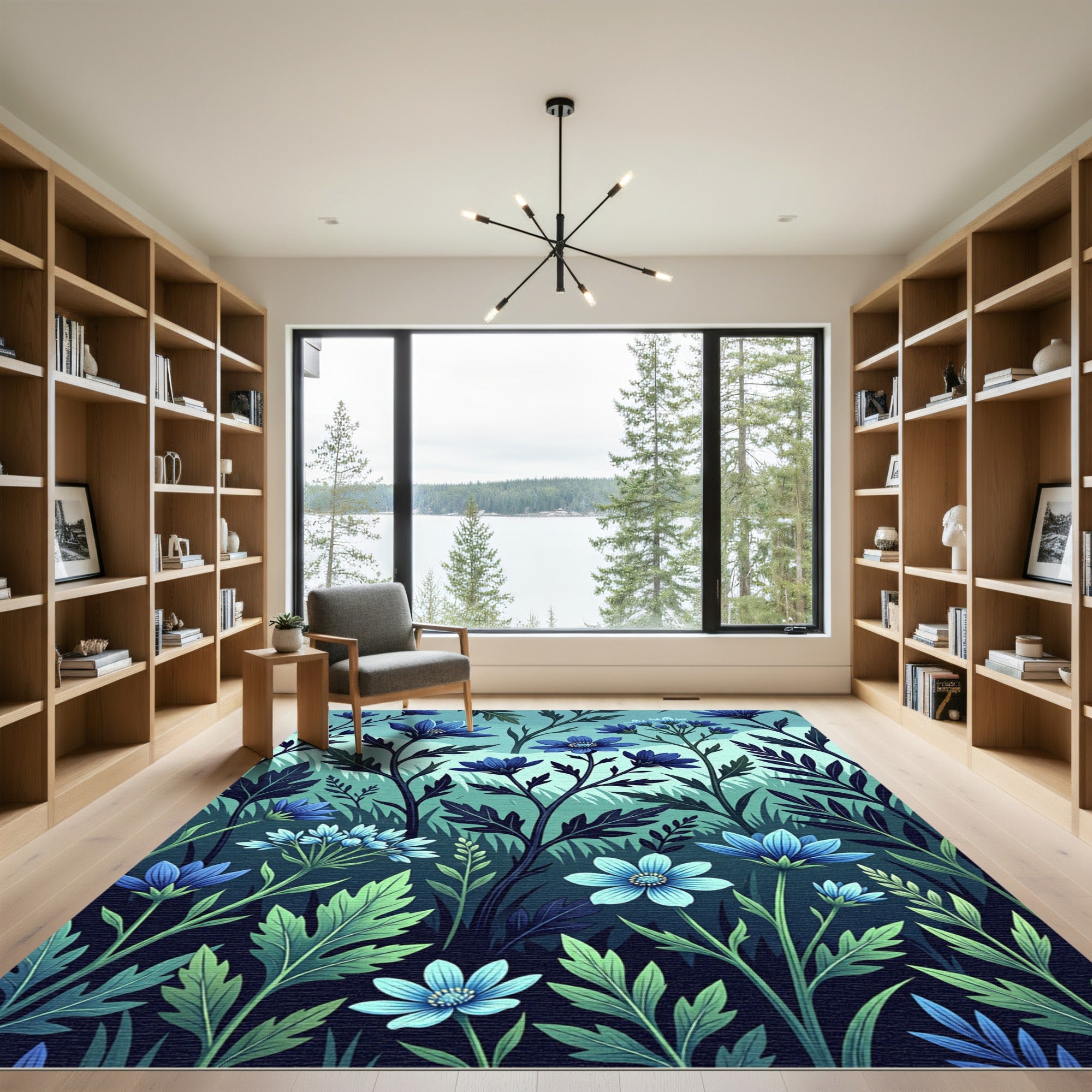 Midnight Blue Floral Garden Whimsy Rug