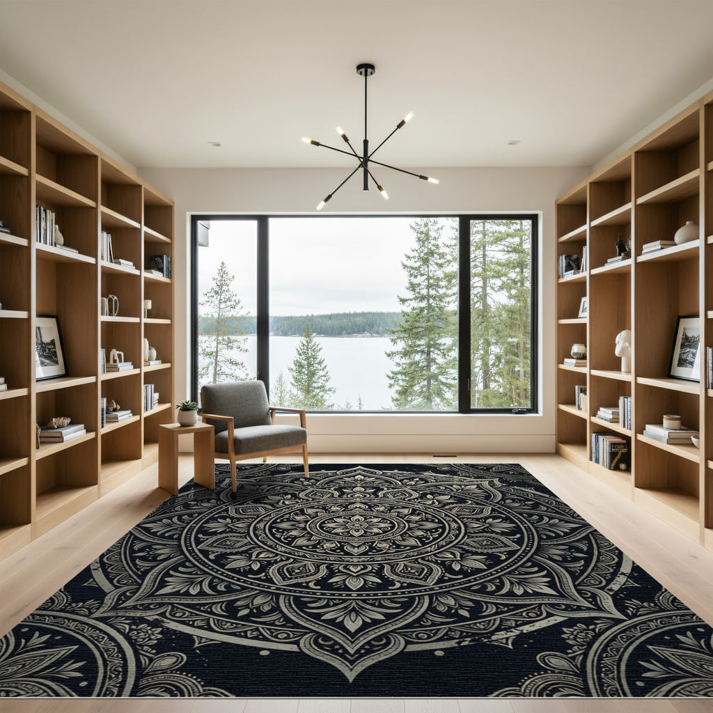 Intricate Black and Gold Floral Mandala Rug