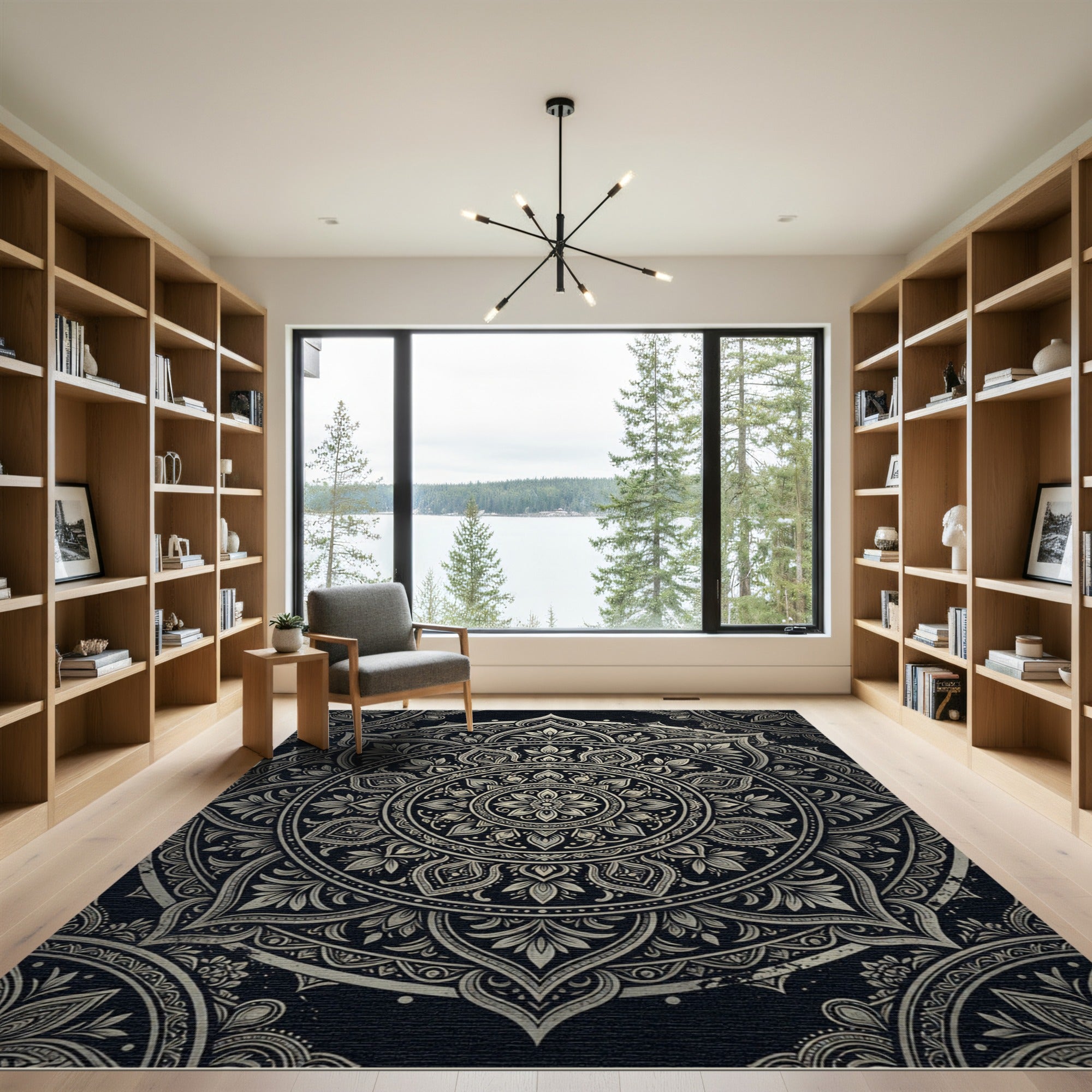 Intricate Black and Gold Floral Mandala Rug
