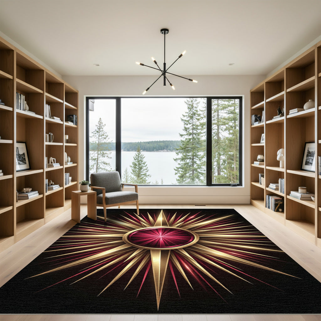 Radiant Gold Crimson Starburst Medallion Rug