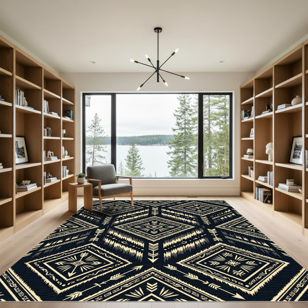 Black and Gold Tribal Geometric Diamond Rug