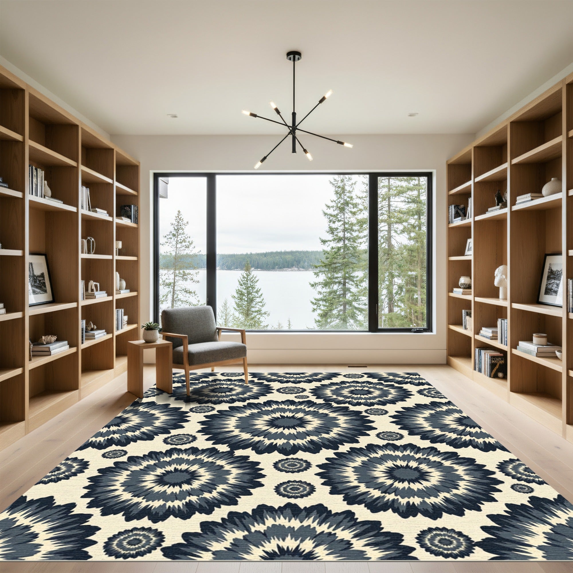 Dark Navy Circular Bloom Charcoal Cream Rug