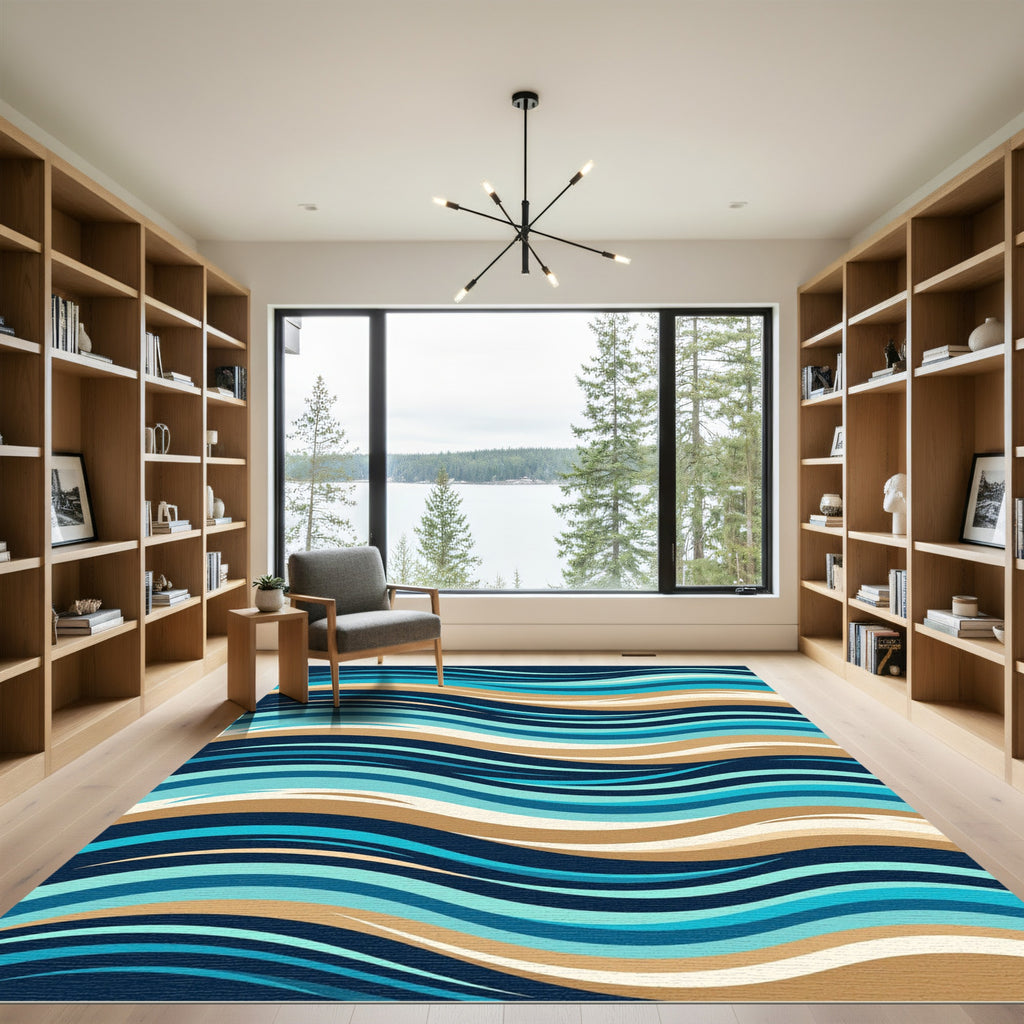 Abstract Coastal Blue Sand Wave Rug