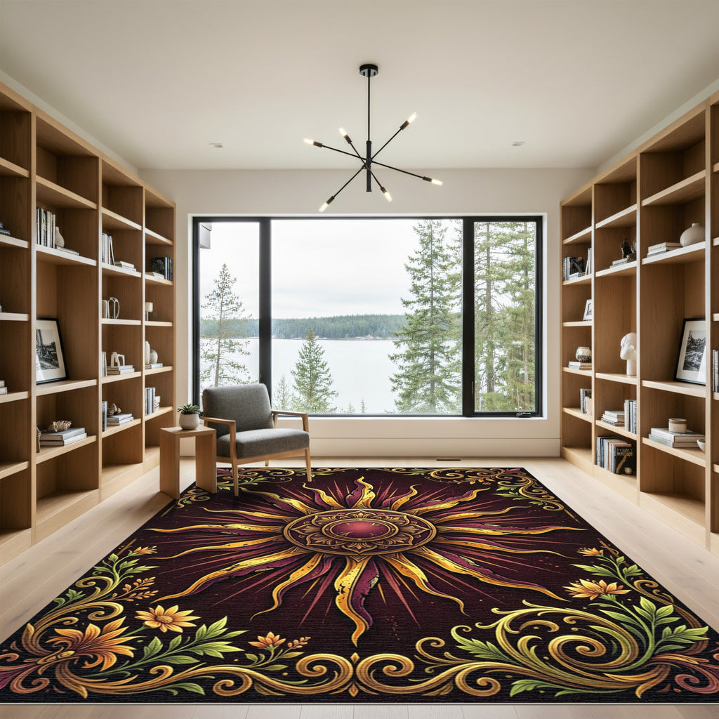 Golden Sunburst Floral Ornate Crimson Area Rug