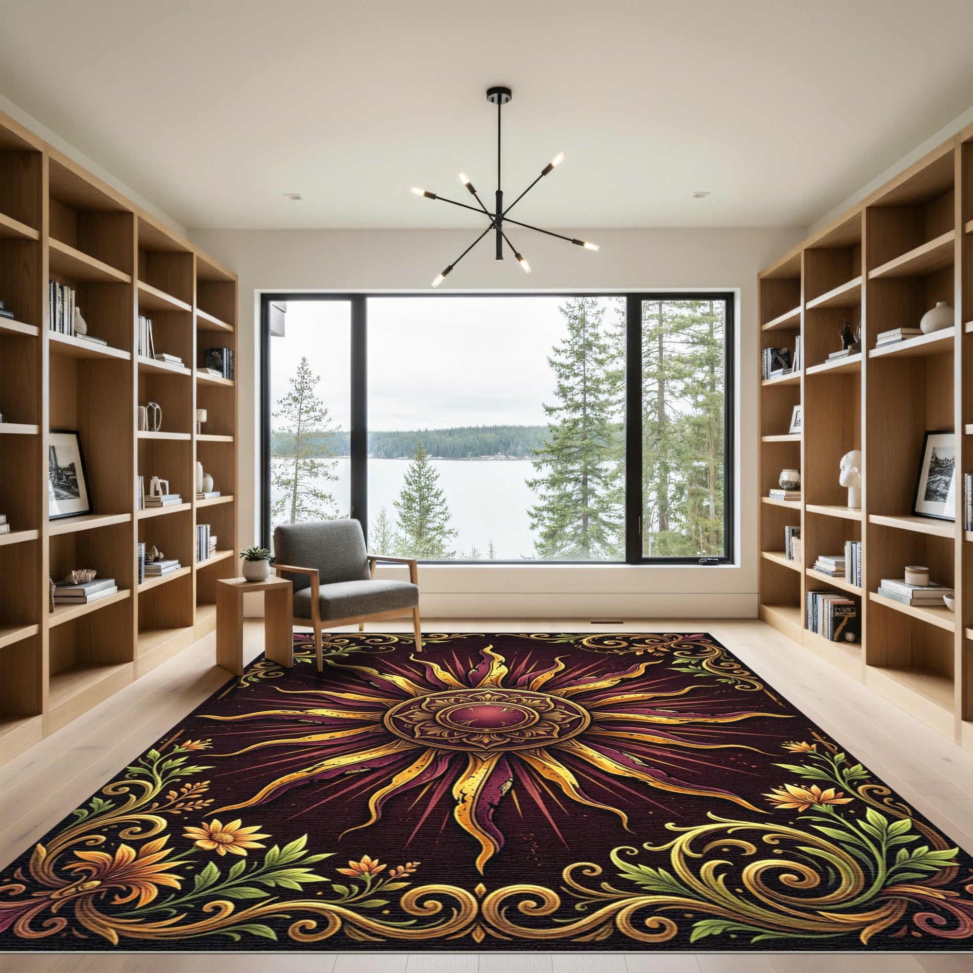 Golden Sunburst Floral Ornate Crimson Area Rug