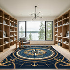 Navy Nautical Compass Gold Anchor Area Rug