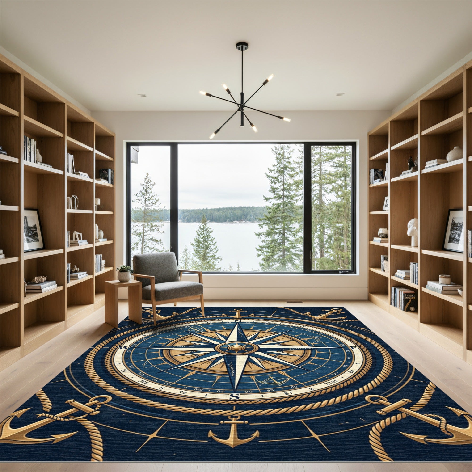 Navy Nautical Compass Gold Anchor Area Rug