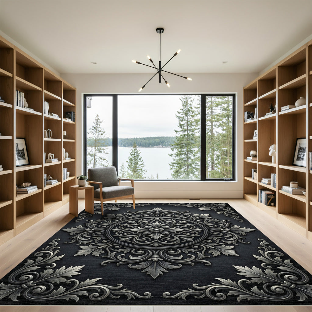 Ornate Gray Acanthus Scroll Rug