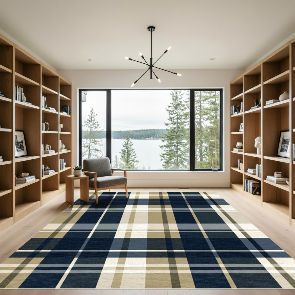 Modern Navy and Beige Plaid Rug