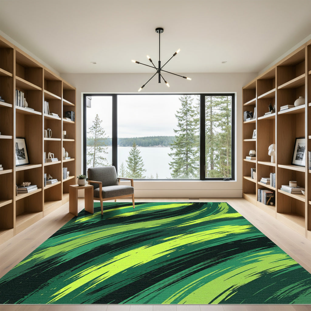 Vibrant Green Brushstroke Swirl Rug