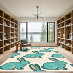 Whimsical Turquoise Rabbit Folk Art Rug