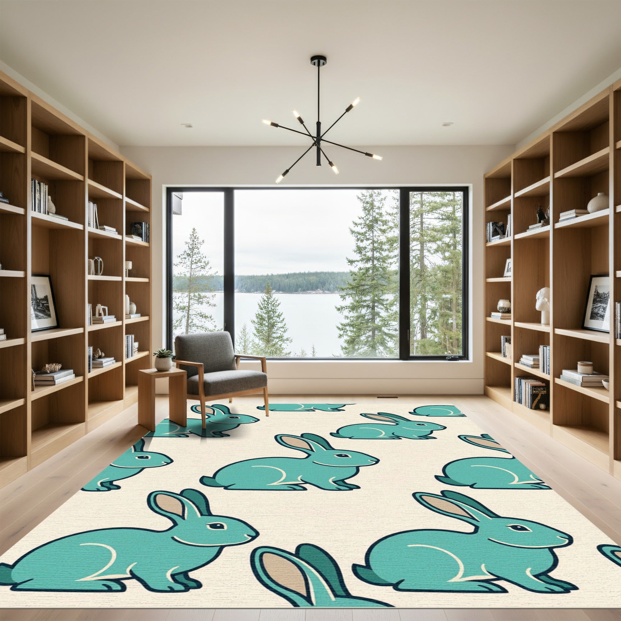 Whimsical Turquoise Rabbit Folk Art Rug