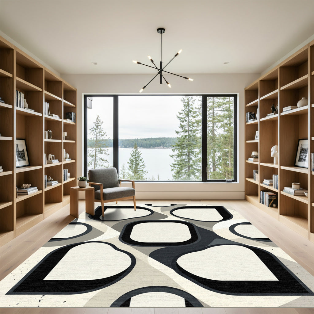 Minimalist Monochrome Abstract Geometric Curvature Rug