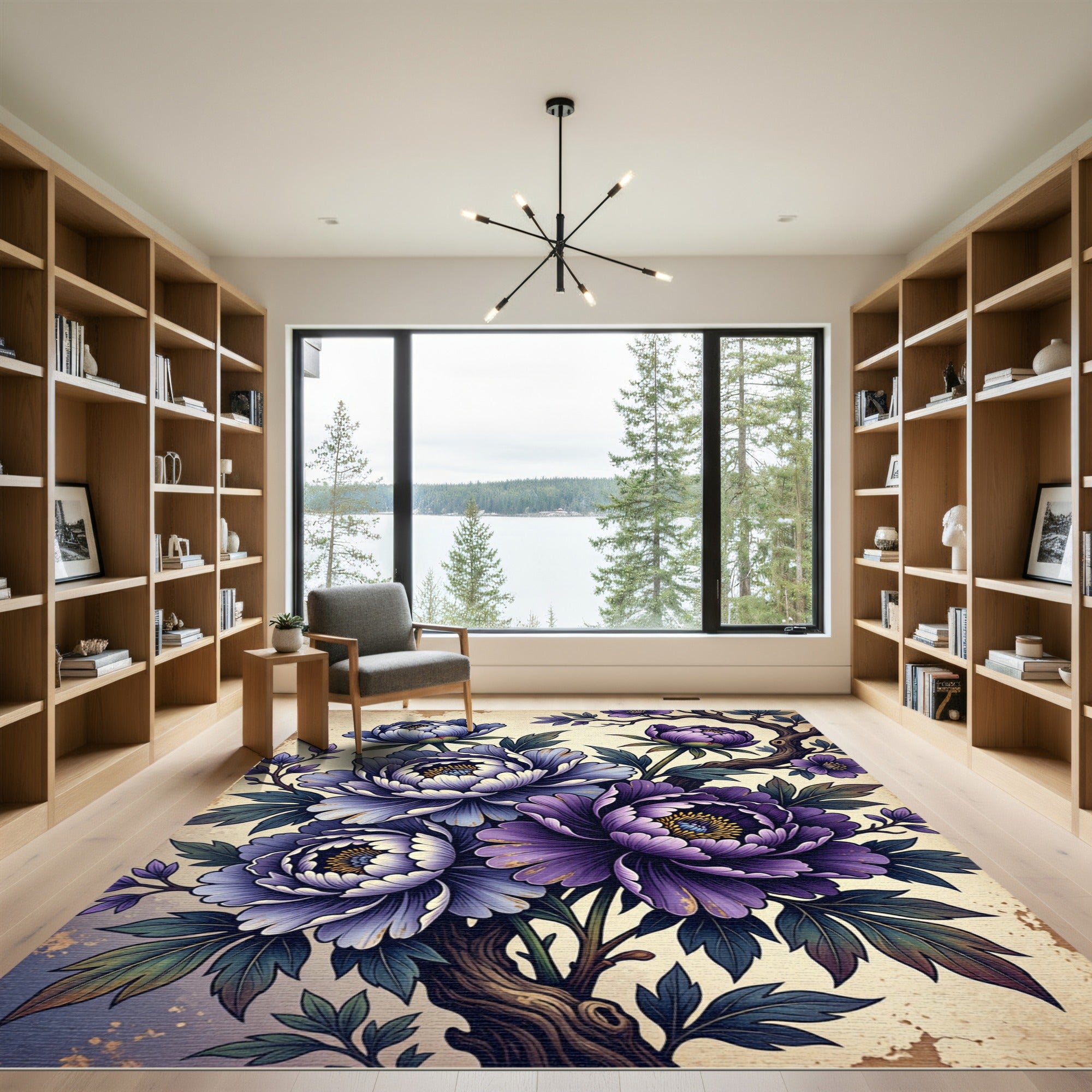 Vintage Purple Peony Floral Branch Rug