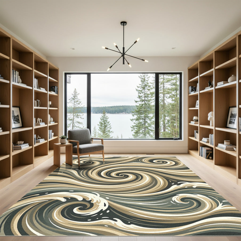 Earthy Swirling Cream and Charcoal Waves Rug