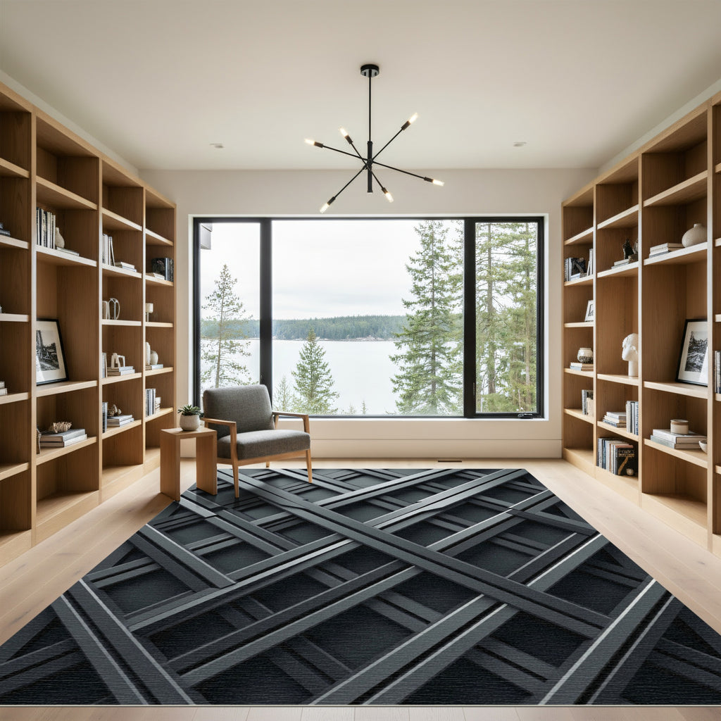 Geometric Charcoal Industrial Crosshatch Grid Rug